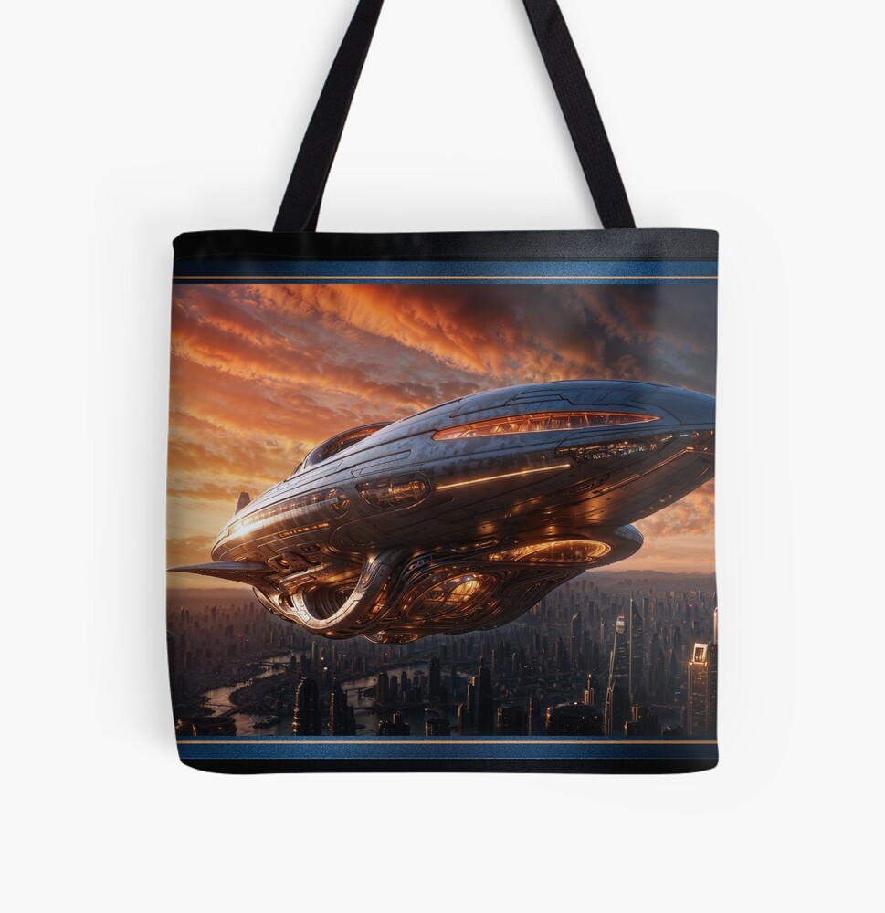 Veltorian Spacecraft Ascends Over A Futuristic Cityscape At Sunset Striking AI Concept Art by Xzendor7 Decorative Art Print Tote Bag