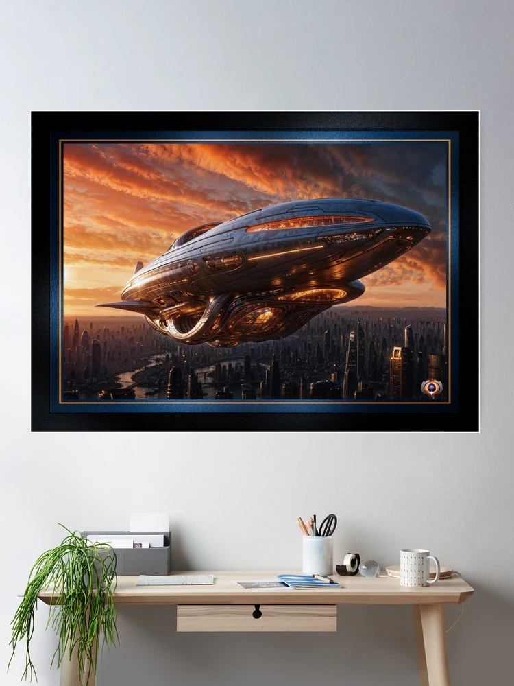 Veltorian Spacecraft Ascends Over A Futuristic Cityscape At Sunset Striking AI Concept Art by Xzendor7 Wall Decor Poster Art Print