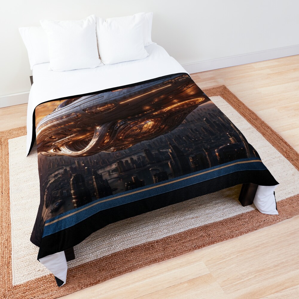 Veltorian Spacecraft Ascends Over A Futuristic Cityscape At Sunset Striking AI Concept Art by Xzendor7 Decorative Art Print Comforter