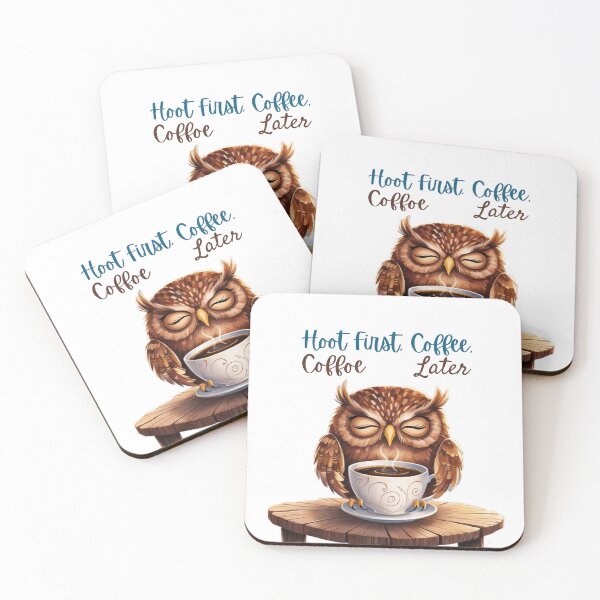 Item preview, cute, brown owl with closed eyes, sitting on a wooden table with coffee designed and sold by coolt-sherit.