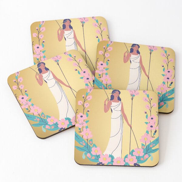 Item preview, Artemis Greek goddess in pink flower gold background designed and sold by Rainbow Paws Garden.