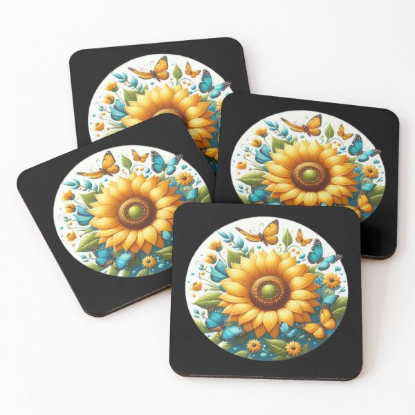Item preview, sunflower with blue and yellow butterflies retro floral flowers designed and sold by Expressions-Sel.