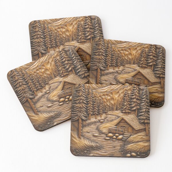 Item preview, Rustic Cabin Retreat with Mountain View Woodcut Art designed and sold by MargaretWiktor.
