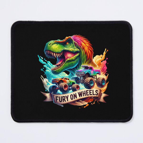 Item preview, Fury on Wheels – T-Rex Chasing Monster Trucks Artwork for Clothing & Accessories designed and sold by artedigital99.
