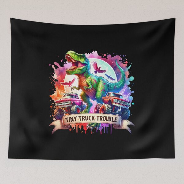 Item preview, "Tiny Truck Trouble – T-Rex Chasing Monster Trucks Design for Apparel & Accessories" designed and sold by artedigital99.