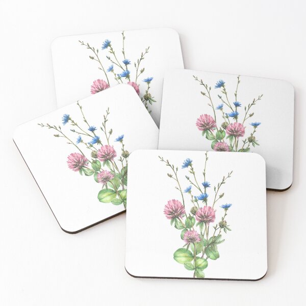 Item preview, Bouquet of watercolor wild flowers and leaves. Pink clover and blue chicory floral sticker. designed and sold by BartolArt.