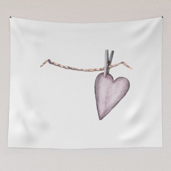 Item preview, Watercolor lilac Heart on a clothespin hanging on a string, rope. Valentines Day design, Love symbol. Illustration designed and sold by BartolArt.