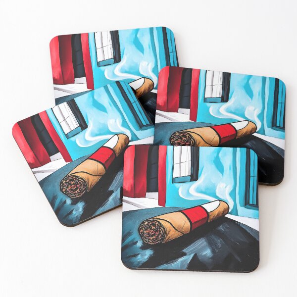 Item preview, Cuban Cigar with Smoke on Dark Surface Against Vibrant Red and Blue Urban Backdrop - Bold Contrast Generative AI designed and sold by OlfactoART Studio.