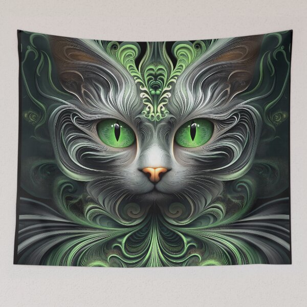 Item preview, Unleash the Enchantment: The Mystic Cat Awaits - artistic green and gray cat designed and sold by ljgift.