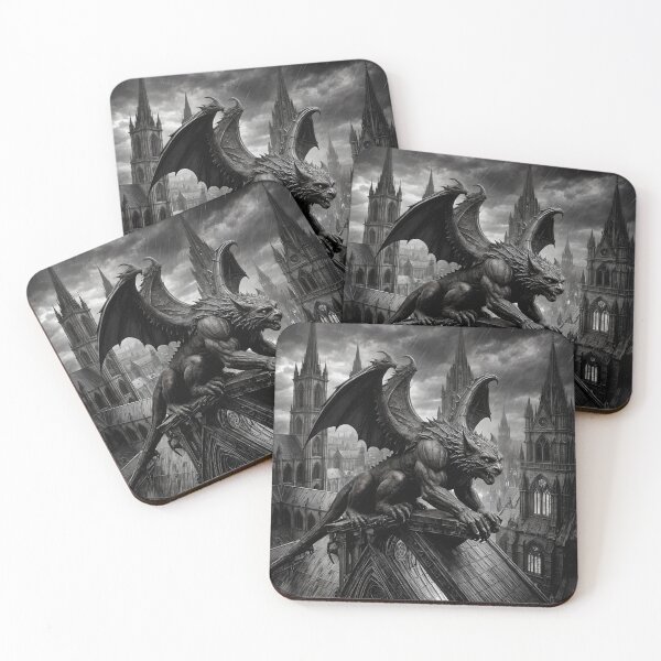 Item preview, Gargoyle Awakening on Black and White Roof - Gothic Architecture designed and sold by koreatvtea.