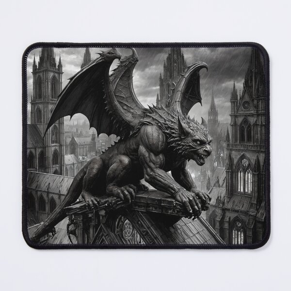 Item preview, Gargoyle Awakening on Black and White Roof - Gothic Architecture designed and sold by koreatvtea.