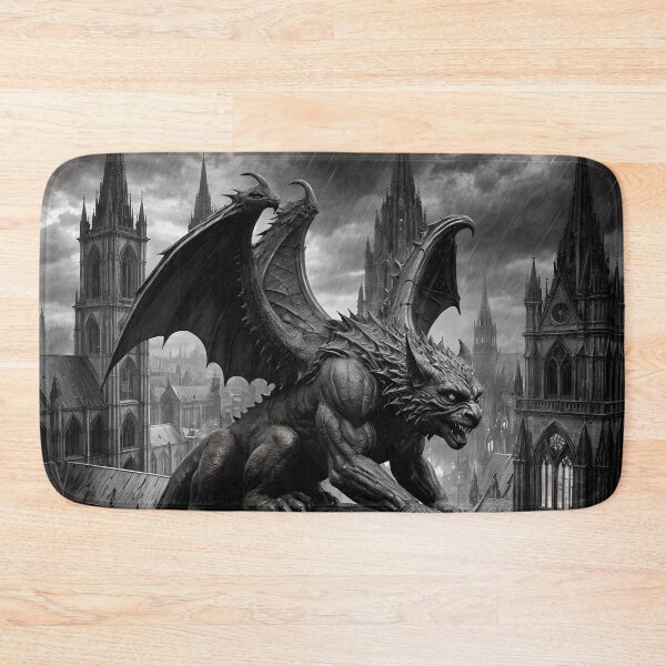 Item preview, Gargoyle Awakening on Black and White Roof - Gothic Architecture designed and sold by koreatvtea.