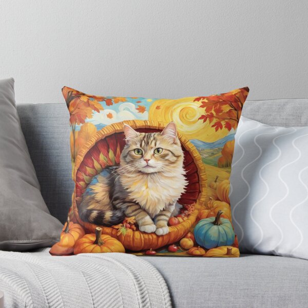 Item preview, Van Gogh-Inspired Thanksgiving Cornucopia: A Cat Among Autumn's Bounty for a pillow , sticker designed and sold by puurfectcat.