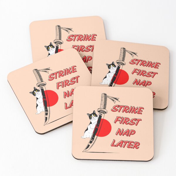Item preview, Funny quote from kawai samurai cat with a sharp katana : Strike first nap later a sticker for black and white cats lovers designed and sold by puurfectcat.