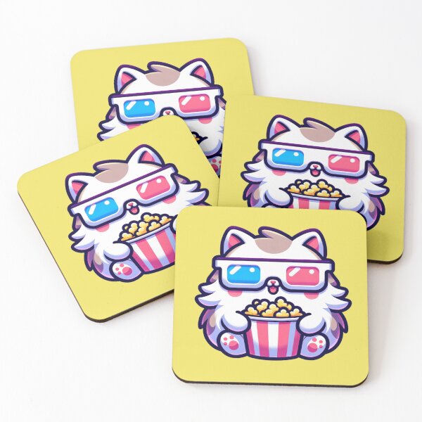 Item preview, Kawaii fluffy cat with 3D glasses eating popcorn stickers and more designed and sold by CRandRRstickers.