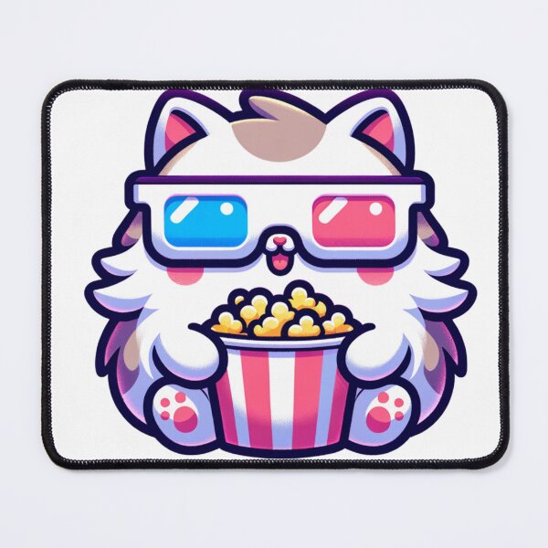 Item preview, Kawaii fluffy cat with 3D glasses eating popcorn stickers and more designed and sold by CRandRRstickers.