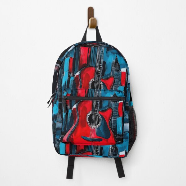Item preview, Vibrant Red Guitar Against Cityscape with Tall Blue Black Red Buildings - Dramatic Contrast AI Generated designed and sold by OlfactoART Studio.