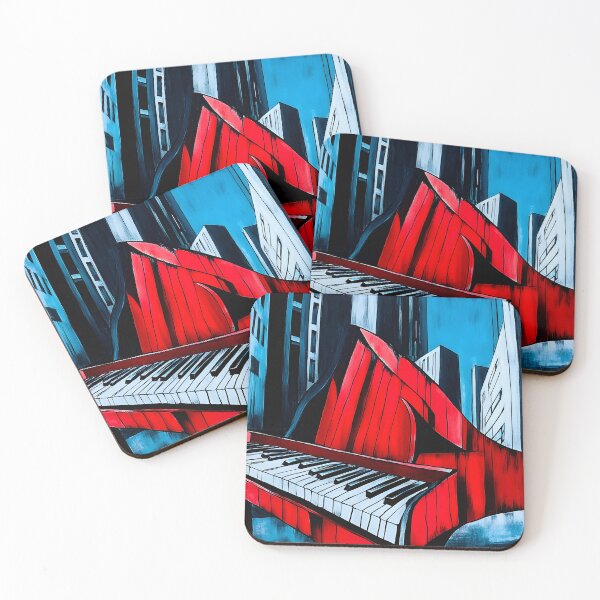 Item preview, Surreal Urban Art Red Piano in Foreground with Abstract Tall Buildings and Vivid Blue Sky Generative AI designed and sold by OlfactoART Studio.