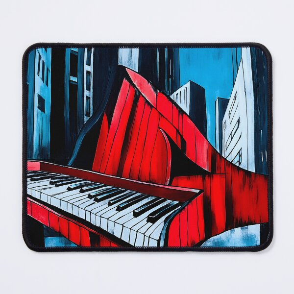 Item preview, Surreal Urban Art Red Piano in Foreground with Abstract Tall Buildings and Vivid Blue Sky Generative AI designed and sold by OlfactoART Studio.