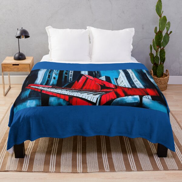 Item preview, Surreal Urban Art Red Piano in Foreground with Abstract Tall Buildings and Vivid Blue Sky Generative AI designed and sold by OlfactoART Studio.