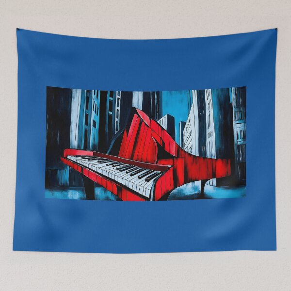 Item preview, Surreal Urban Art Red Piano in Foreground with Abstract Tall Buildings and Vivid Blue Sky Generative AI designed and sold by OlfactoART Studio.
