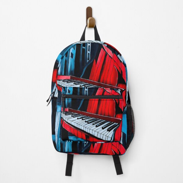 Item preview, Surreal Urban Art Red Piano in Foreground with Abstract Tall Buildings and Vivid Blue Sky Generative AI designed and sold by OlfactoART Studio.