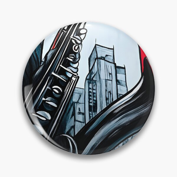 Item preview, Giant Saxophone Spanning Between Towering Red and Blue Buildings - Surreal Urban Cityscape designed and sold by OlfactoART Studio.