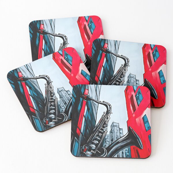 Item preview, Giant Saxophone Spanning Between Towering Red and Blue Buildings - Surreal Urban Cityscape designed and sold by OlfactoART Studio.