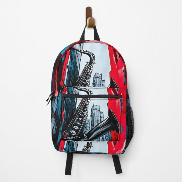 Item preview, Giant Saxophone Spanning Between Towering Red and Blue Buildings - Surreal Urban Cityscape designed and sold by OlfactoART Studio.