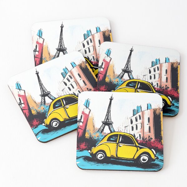 Item preview, Yellow Car on Colorful Parisian Street with Eiffel Tower - Whimsical Urban Scene Bold Abstract AI Generated designed and sold by OlfactoART Studio.