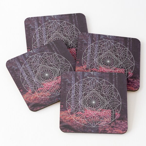Item preview, Red Pink Forest with Tree Trunks Bracken and Geometric Shapes designed and sold by WildWoodlandWitch.