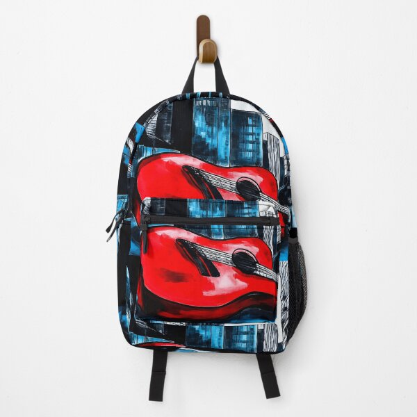 Item preview, Bright Red Guitar Prominently Displayed in Front of Tall Modern Skyscrapers - Striking Contrast Generative AI designed and sold by OlfactoART Studio.