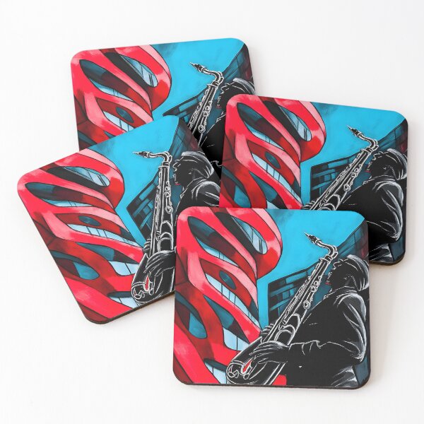 Item preview, Saxophonist Playing Music Against Modern Architecturally Striking Buildings - Bright Red and Black Urban Art Generative AI designed and sold by OlfactoART Studio.