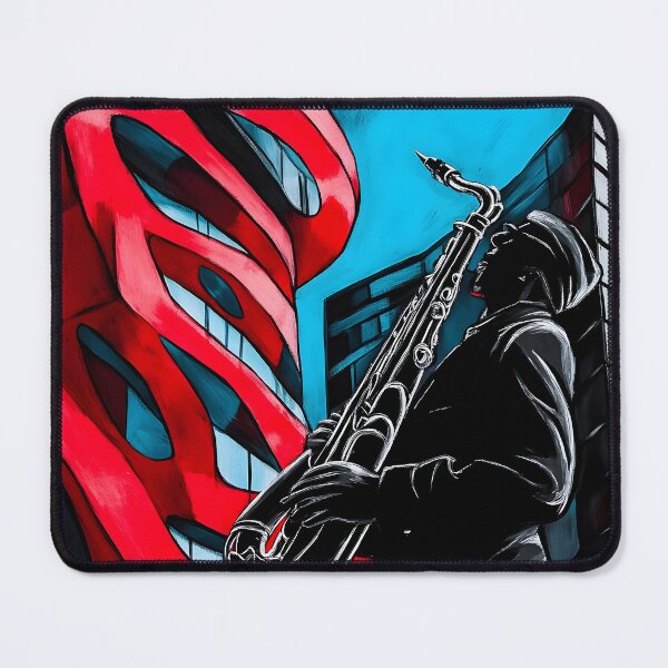 Item preview, Saxophonist Playing Music Against Modern Architecturally Striking Buildings - Bright Red and Black Urban Art Generative AI designed and sold by OlfactoART Studio.