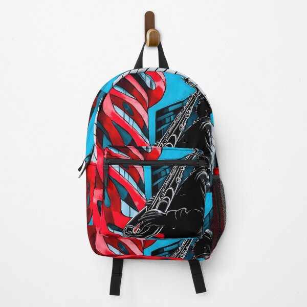 Item preview, Saxophonist Playing Music Against Modern Architecturally Striking Buildings - Bright Red and Black Urban Art Generative AI designed and sold by OlfactoART Studio.