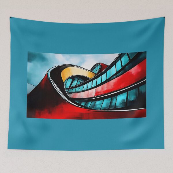 Item preview, Modern Architectural Design with Sleek Curving Lines and Bold Red Yellow Blue Palette - Abstract Art designed and sold by OlfactoART Studio.