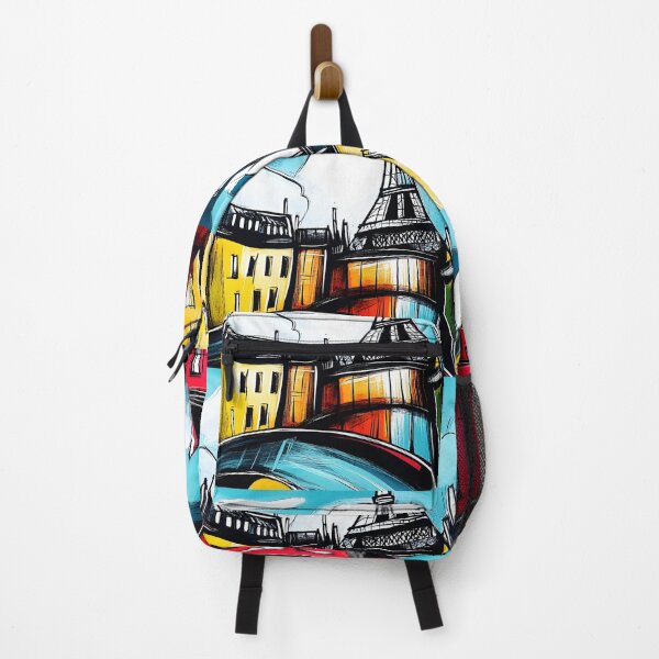 Item preview, Colorful Buildings Surrounding Eiffel Tower with Whimsical Bent Forms Under Bright Blue Sky AI Generated designed and sold by OlfactoART Studio.