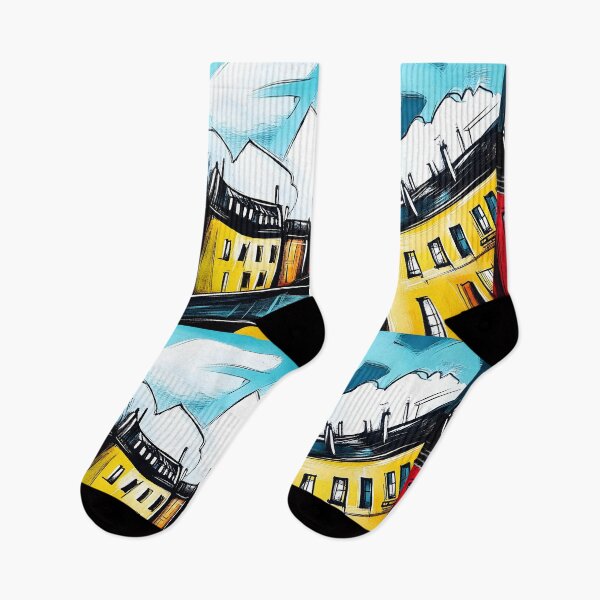 Item preview, Colorful Buildings Surrounding Eiffel Tower with Whimsical Bent Forms Under Bright Blue Sky AI Generated designed and sold by OlfactoART Studio.