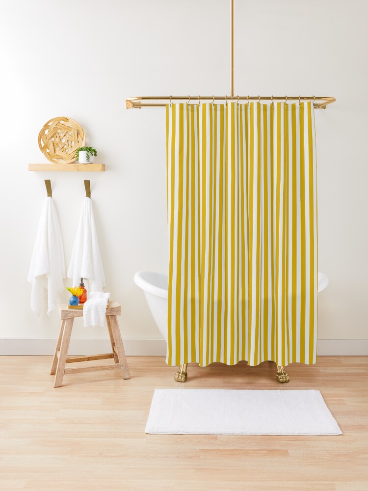 Shower Curtain, Geometric Navy And Gold Mustard Yellow And Bright Gray Vertical Stripes designed and sold by Triplicate Limited