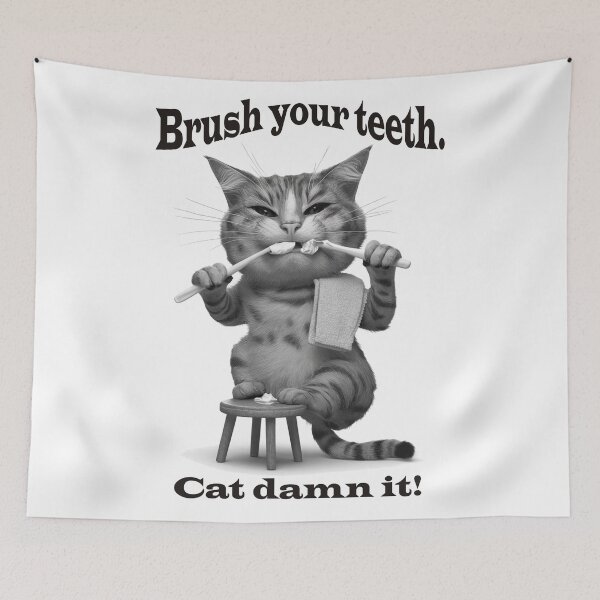 Item preview, Cat brushing teeth designed and sold by Attic-Junk.