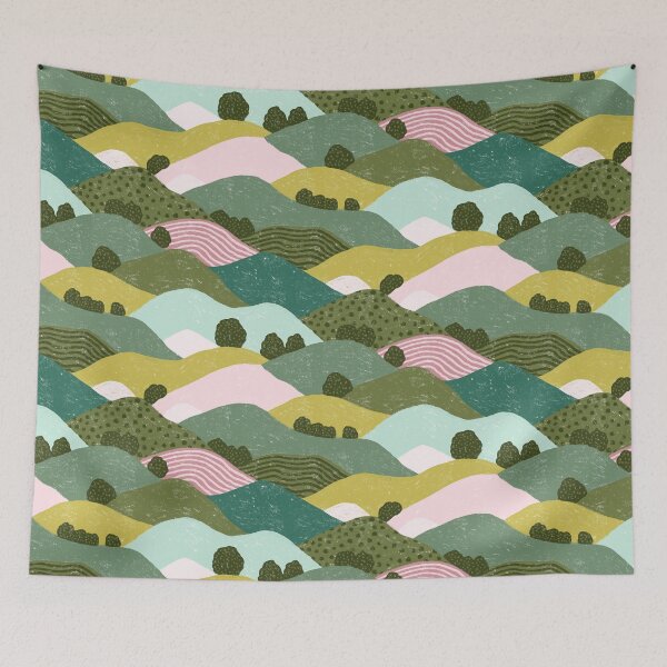 Item preview, Rolling Hills Landscape in green mustard and pink designed and sold by Ema Tudose.