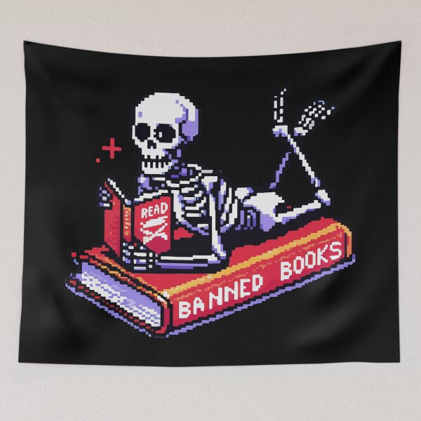 Item preview, Funny Read Banned Books Skeleton Pixel Art designed and sold by TomFrontierArt.