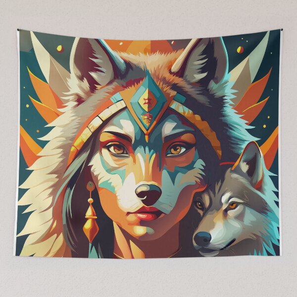 Item preview, Native American woman with a baby wolf designed and sold by BelleRiviera.