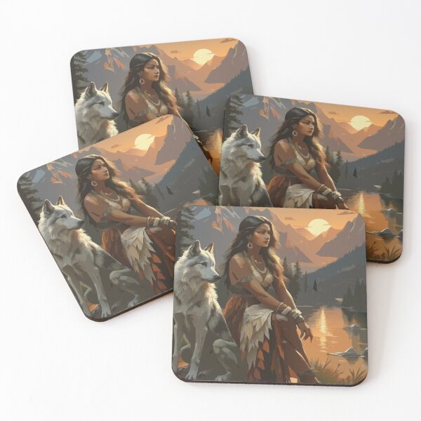 Item preview, Native American girl at sunset with a wolf designed and sold by BelleRiviera.