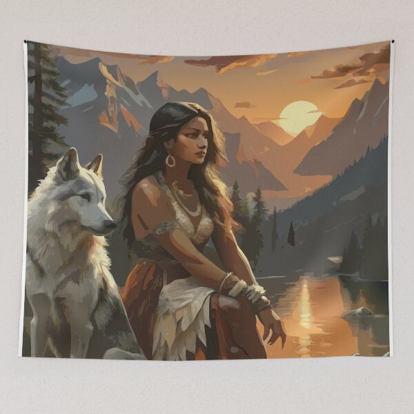 Item preview, Native American girl at sunset with a wolf designed and sold by BelleRiviera.