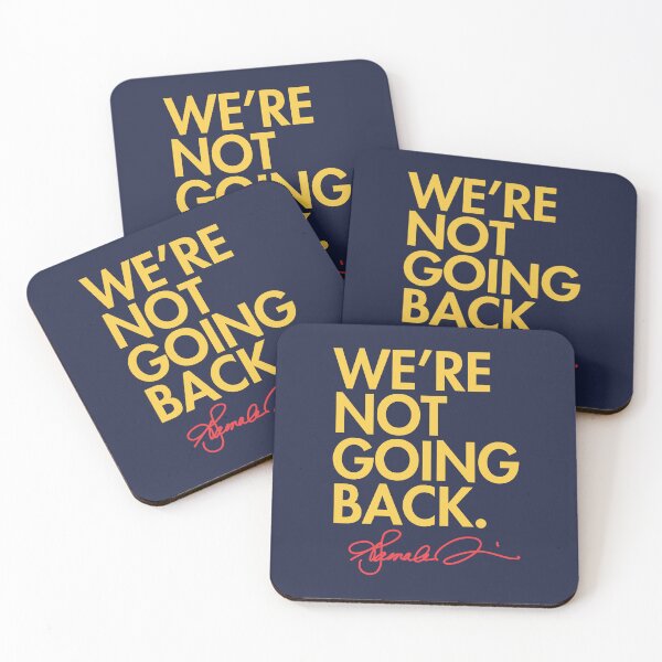 Item preview, WE'RE NOT GOING BACK - KAMALA (yellow with orange signature on navy)  designed and sold by Thelittlelord.