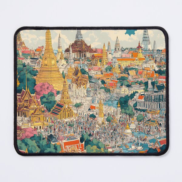 Item preview, A detailed panoramic view of Bangkok, filled with colorful temples and palaces and bustling crowds designed and sold by wonderisland.