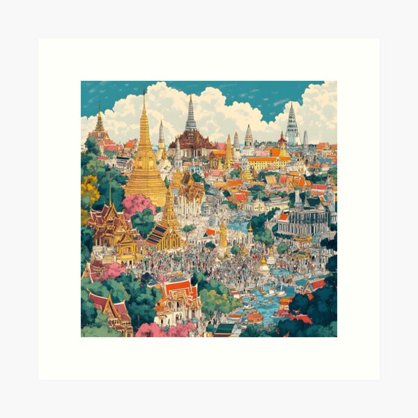 Item preview, A detailed panoramic view of Bangkok, filled with colorful temples and palaces and bustling crowds designed and sold by wonderisland.