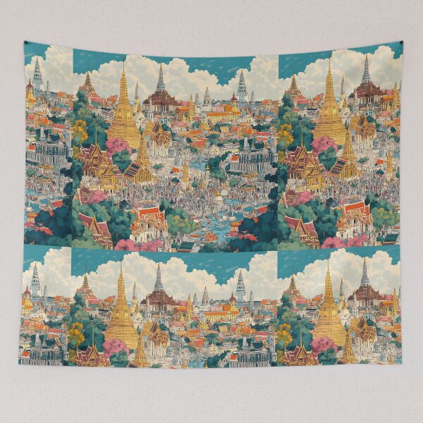 Item preview, A detailed panoramic view of Bangkok, filled with colorful temples and palaces and bustling crowds designed and sold by wonderisland.
