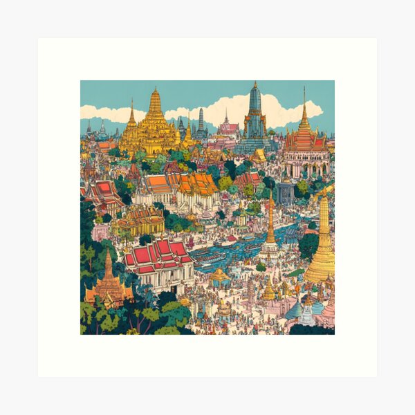 Item preview,  panoramic view of Bangkok, filled with colorful temples and palaces and bustling crowds designed and sold by wonderisland.